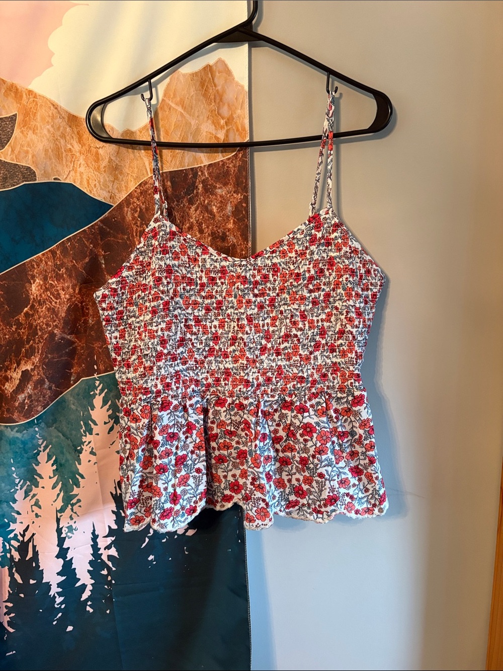 No Boundaries Red Floral Smocked Peplum Cami